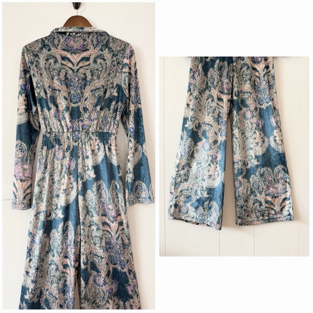 NEW Free People Velvet Paisley Jumpsuit S Boho Luxe Wide Leg Wrap Tie Front - Picture 8 of 13